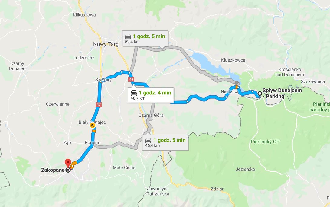 Mapa dojazdu z Zakopanego na spływ Dunajcem